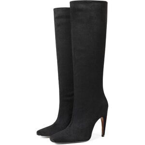 🆕Women Black Knee High Boots Wide Calf Long Suede Square Toe Heel Tall Boots
